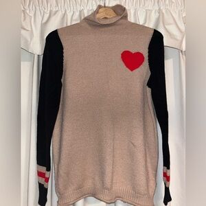 Made with Love Heart Design varsity striped cuffs Women's Sweater -Tan and Black